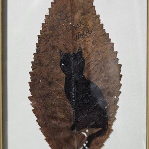 Elegant Black Cat Leaf Art In Upcycled Frame
